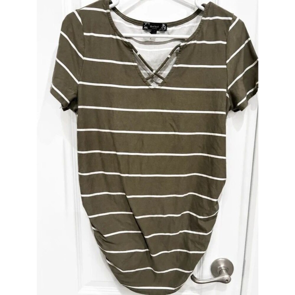 Derek Heart Maternity Olive Green Striped Crisscross T-Shirt Dress Size Medium